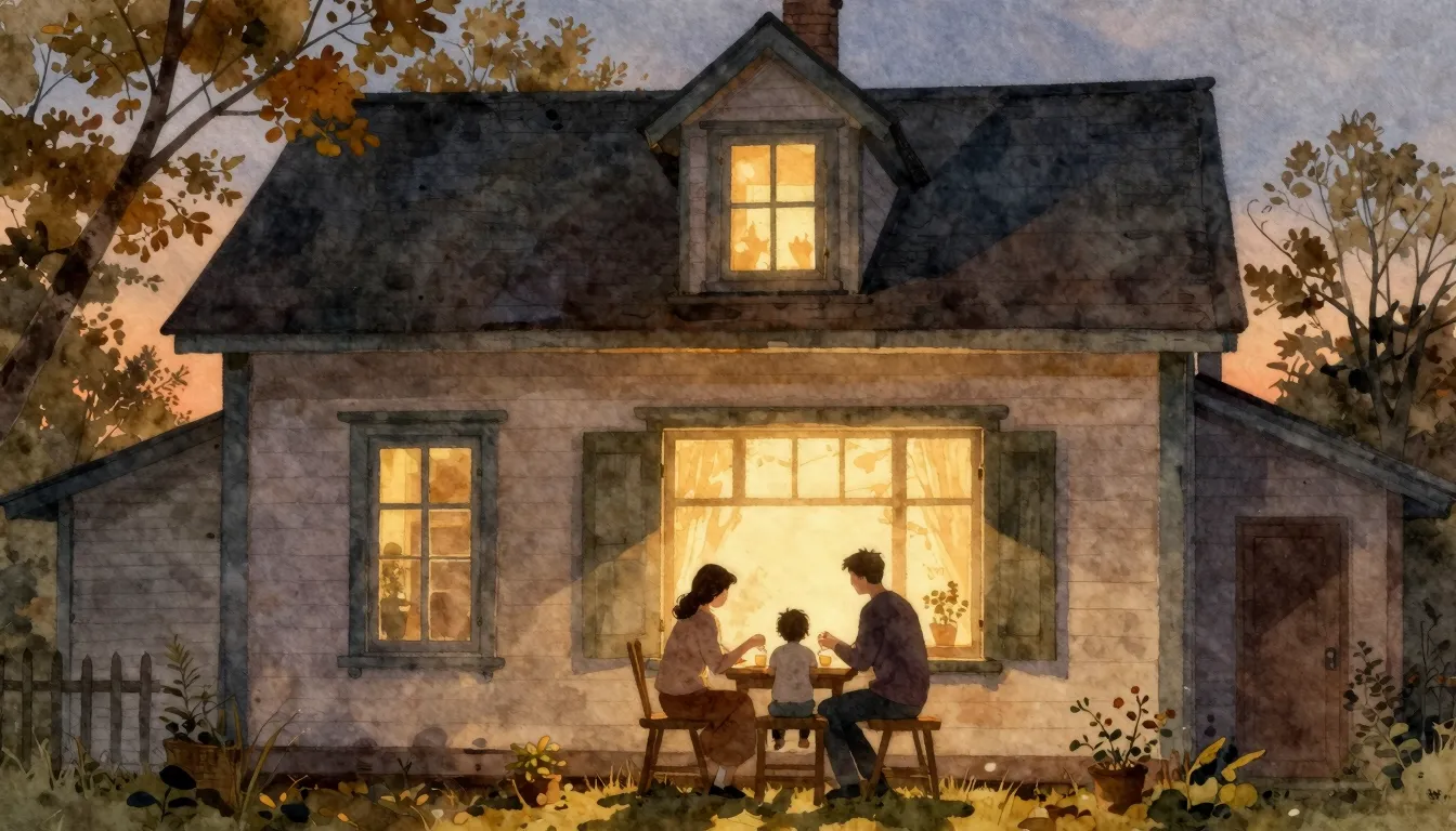 Watercolor style. A warm glowing window in an old wooden hou...