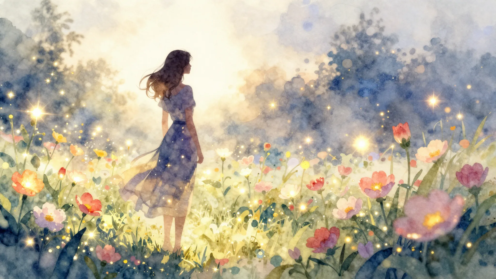 Watercolor style. A bright festive scene with a silhouette o...