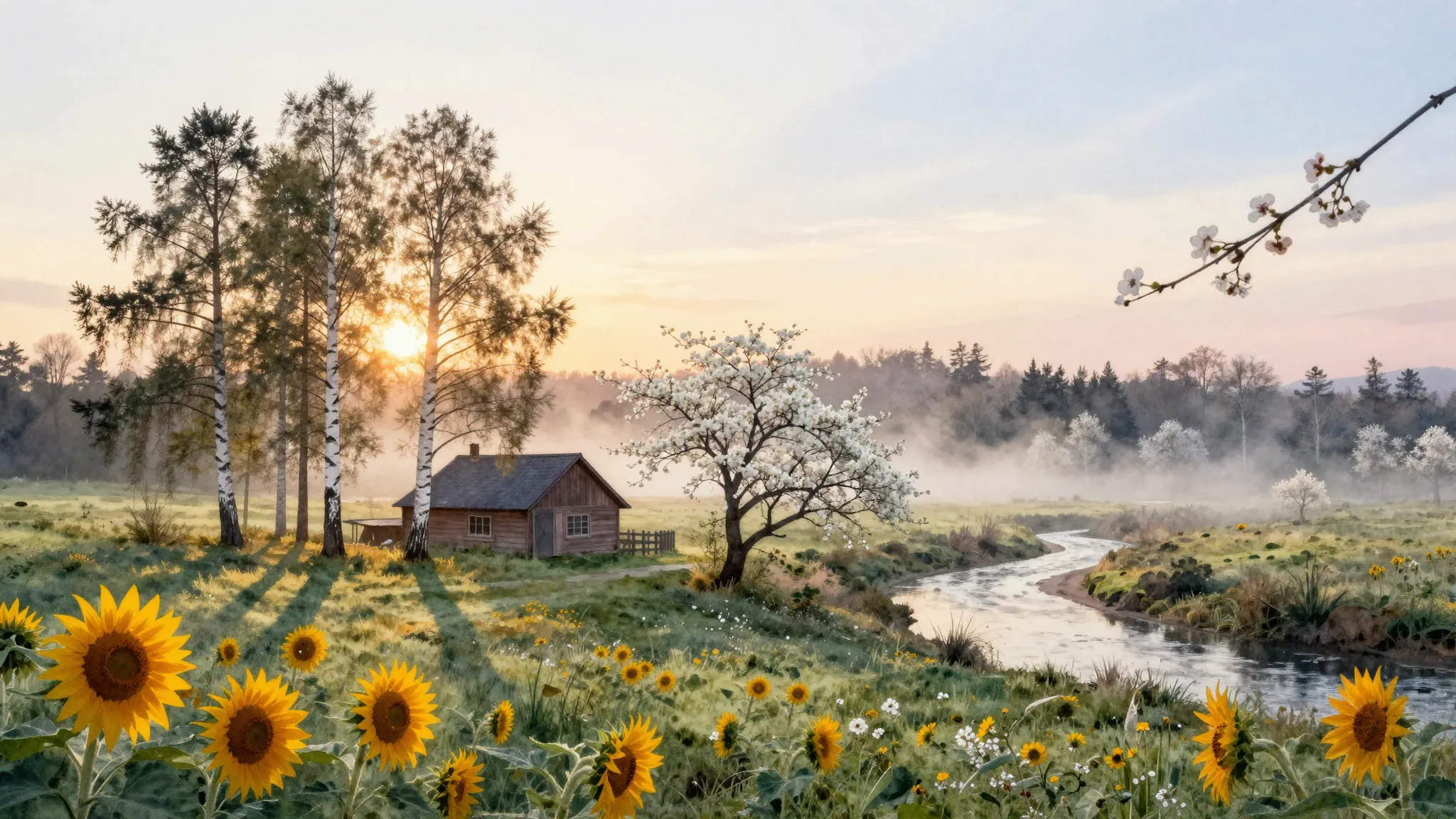 Watercolor style. A serene countryside landscape at dawn, si...