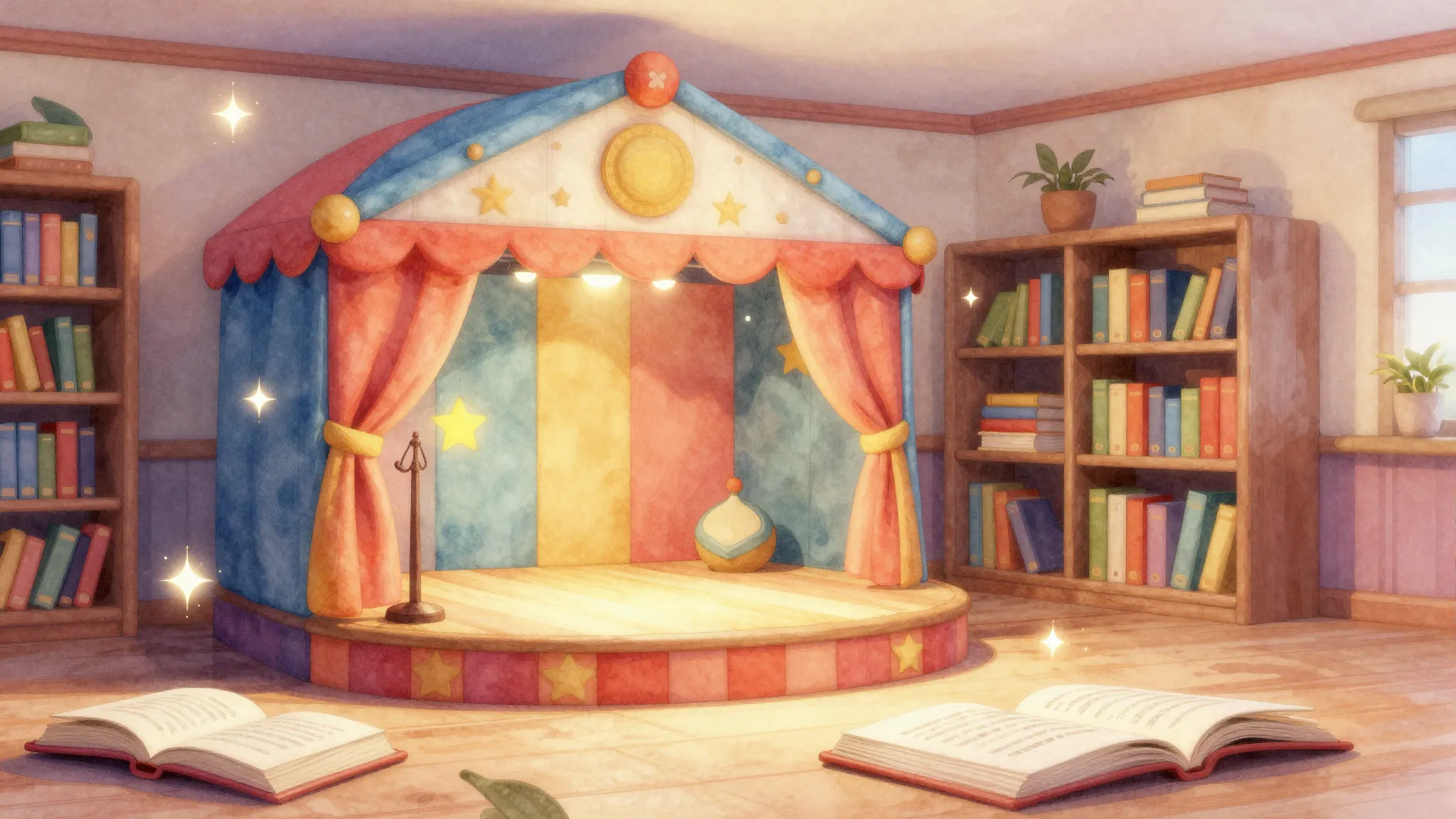 Watercolor style. A cozy children's library interior with a ...