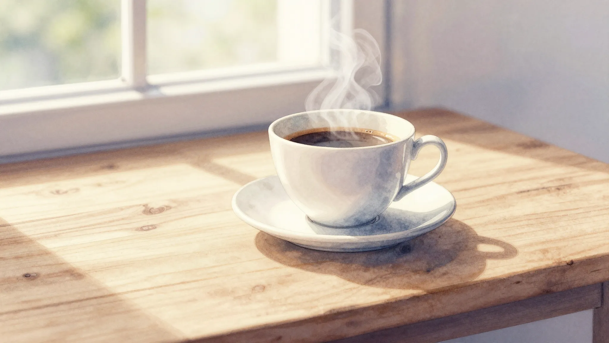 Watercolor style. A bright morning scene with a cup of coffe...