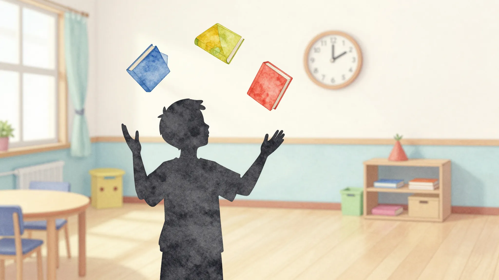 Watercolor style. A silhouette of a person juggling colorful...