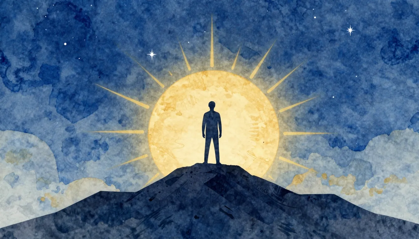Watercolor style. A stylized silhouette of a person standing...