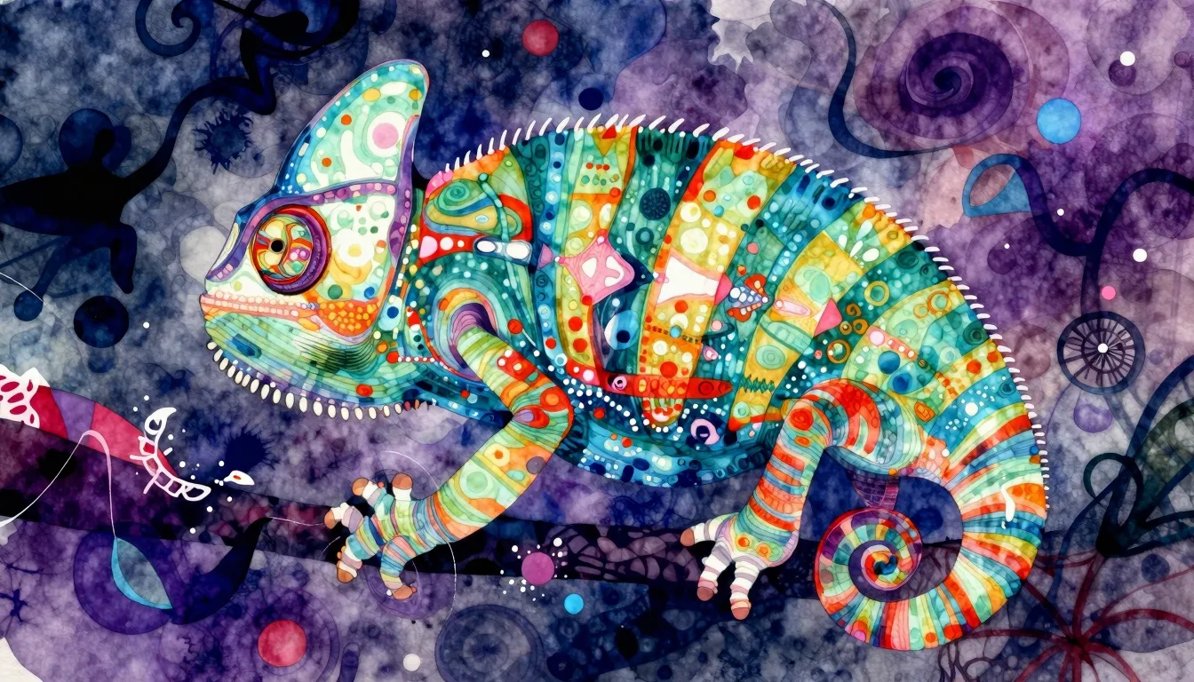 Vibrant watercolor style. EDM album cover, chameleon, vibran...