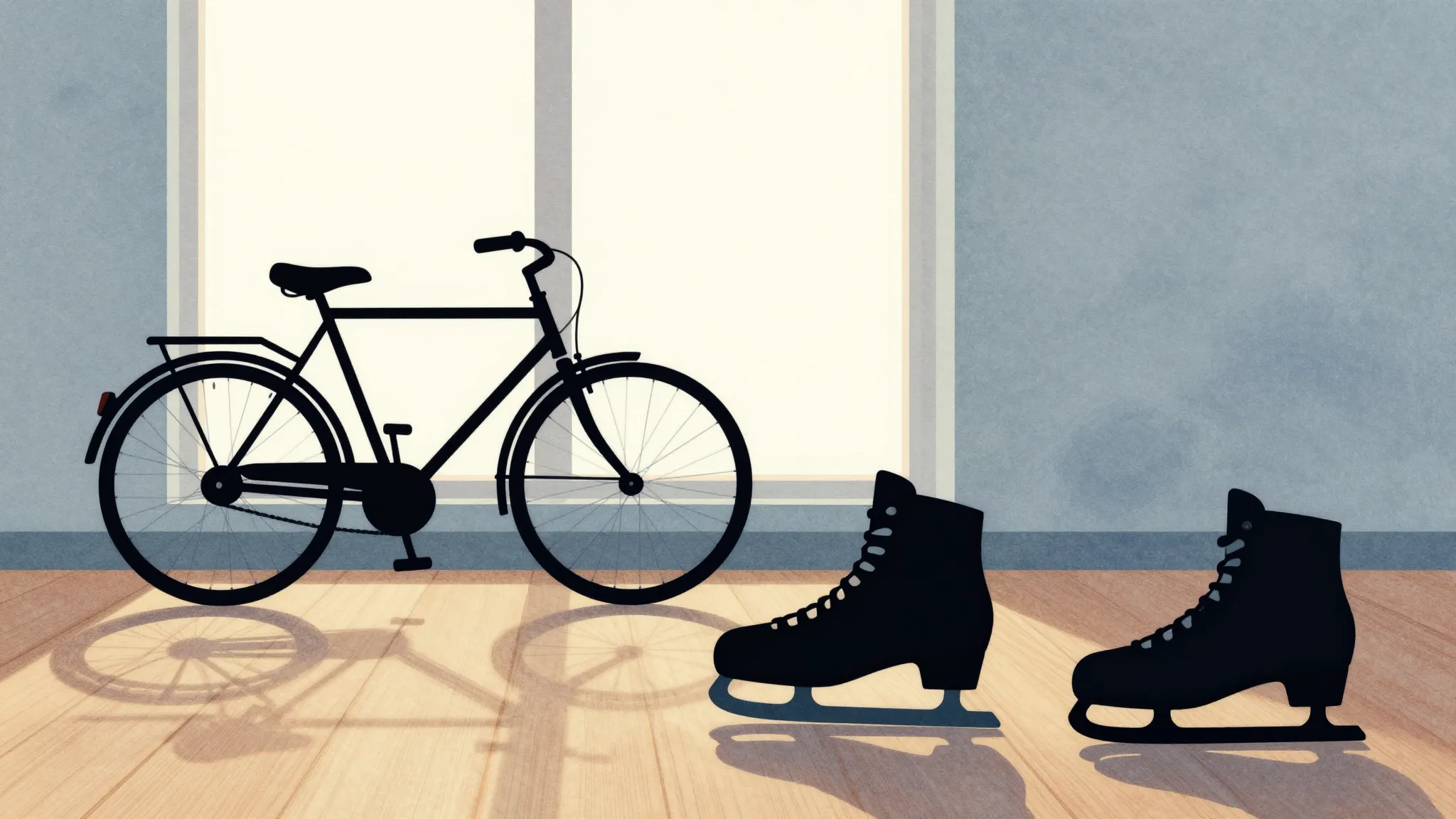 Watercolor style. Silhouettes of a bicycle and ice skates on...
