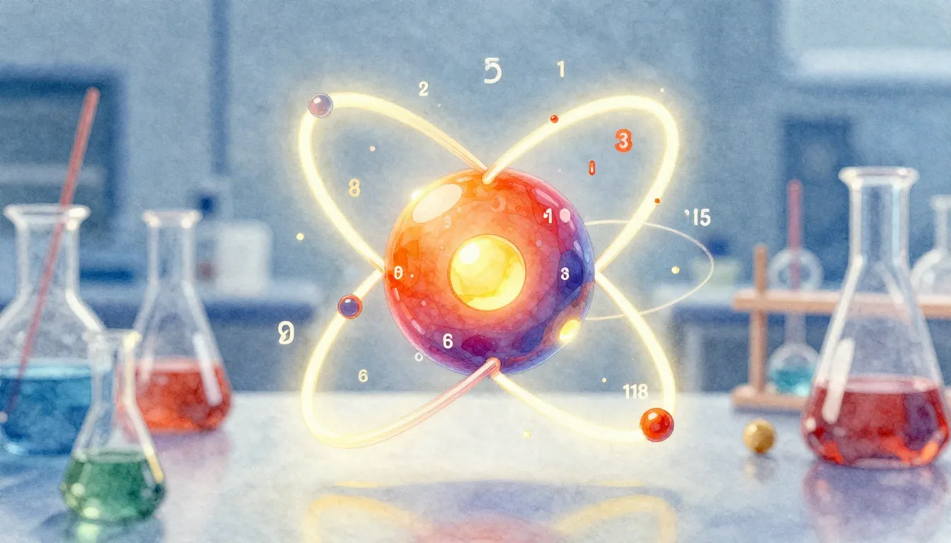 Watercolor style. A stylized 3D model of an atom with glowin...
