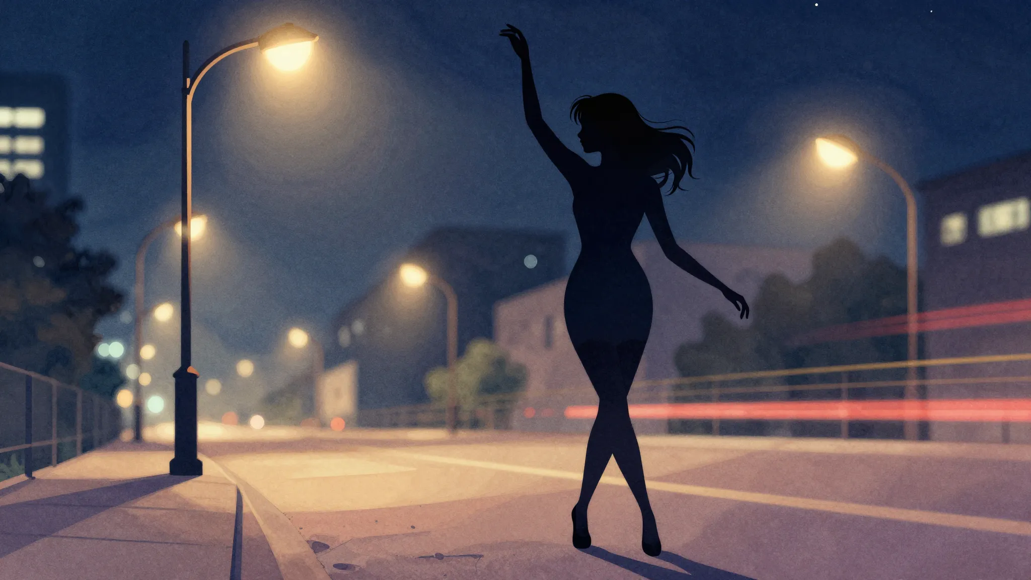 Watercolor style. Silhouette of a young woman dancing under ...