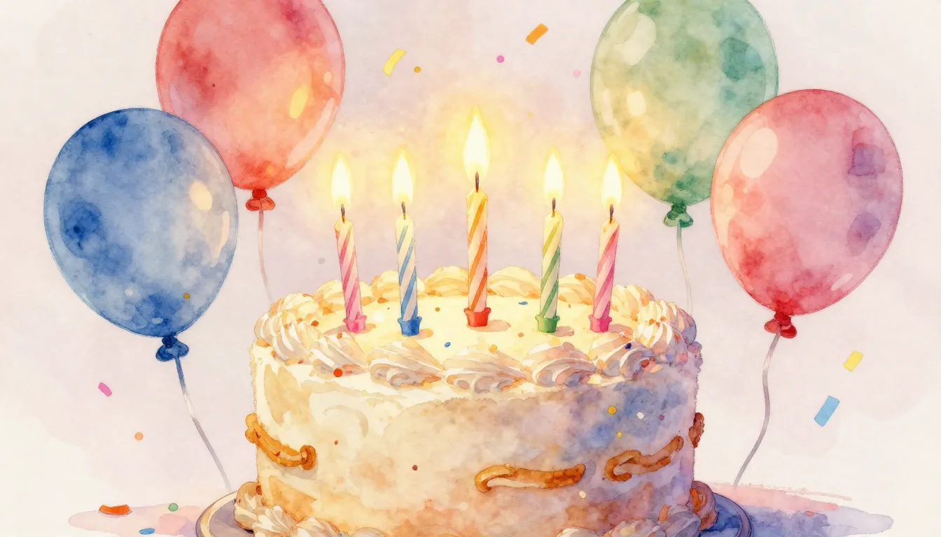 Watercolor style. A festive birthday cake with glowing candl...