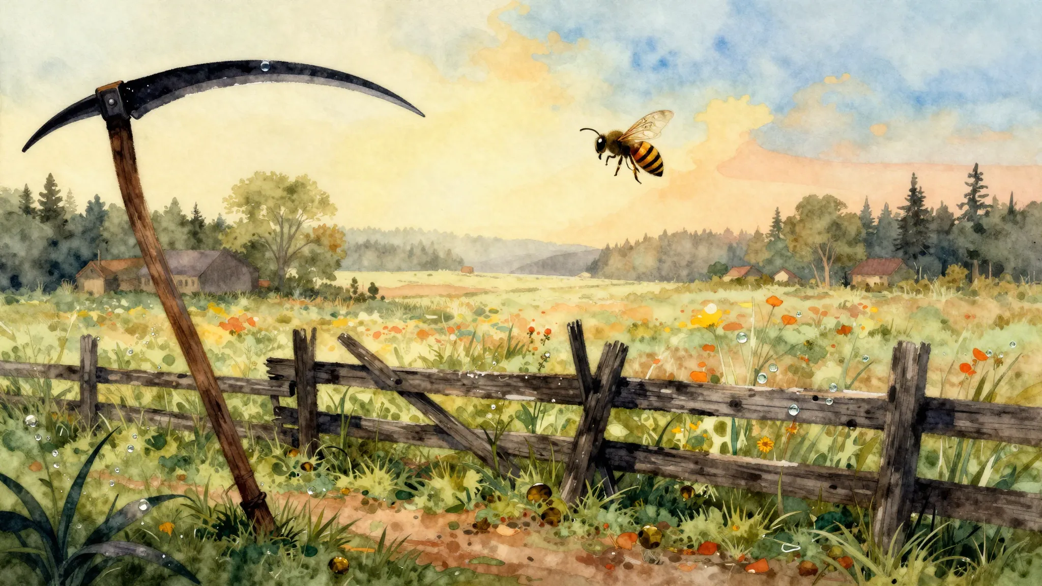 Vibrant watercolor style. Freak folk album cover: rural morn...