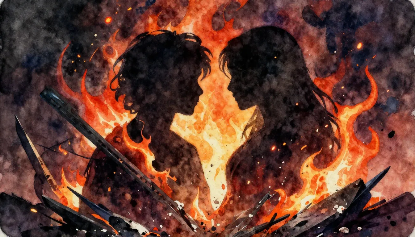 Vibrant watercolor style. Metal album cover, dark, fiery, ab...