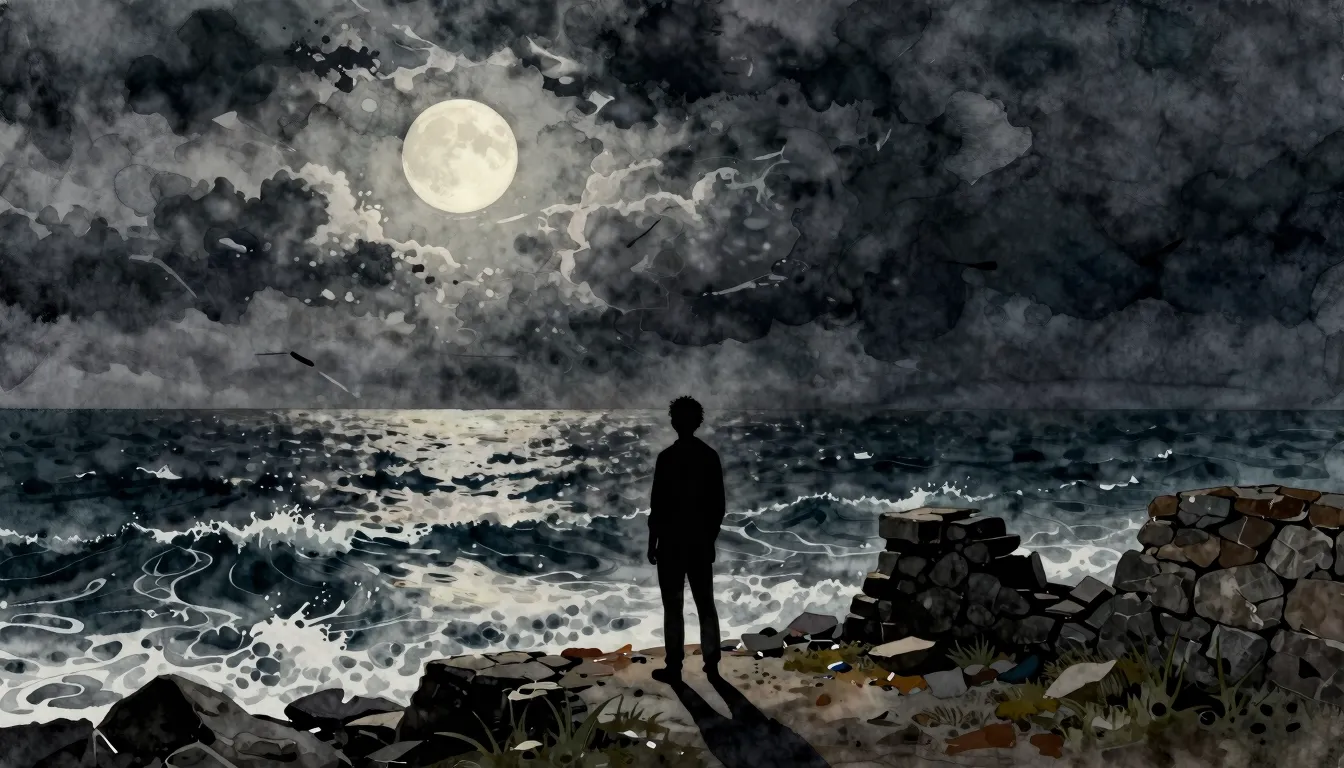 Watercolor style. A lone silhouette of a person standing on ...