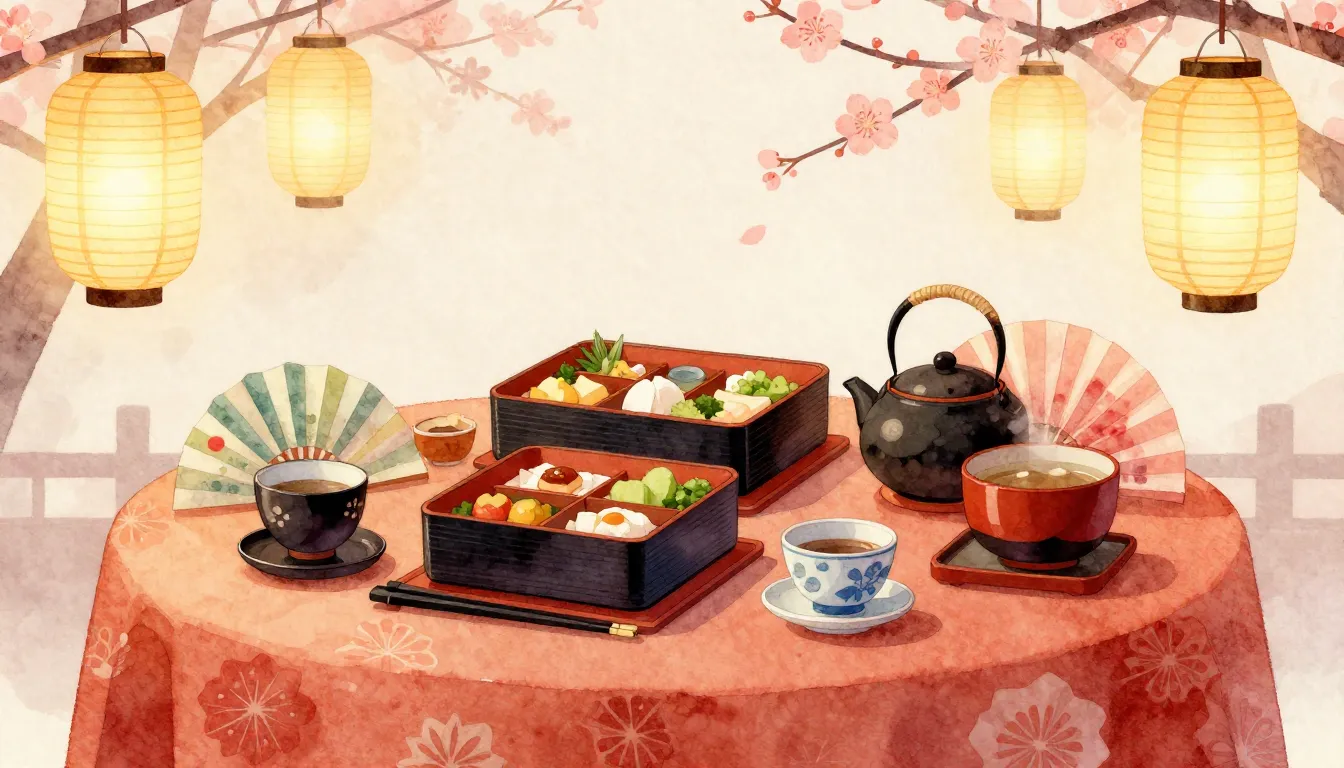 Watercolor style. A festive table with Japanese bento boxes ...