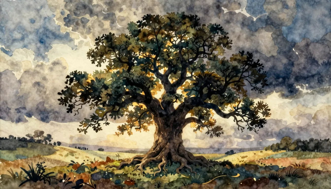Vibrant watercolor style. Folk album cover: A majestic, anci...