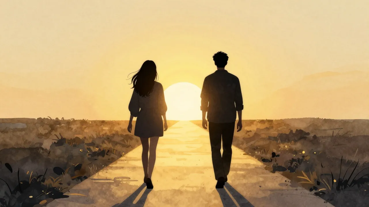 Watercolor style. Two dark silhouettes of friends walking al...