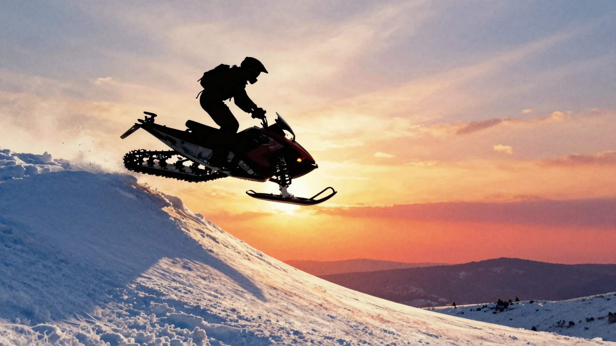 Watercolor style. A silhouette of a person on a snowmobile j...