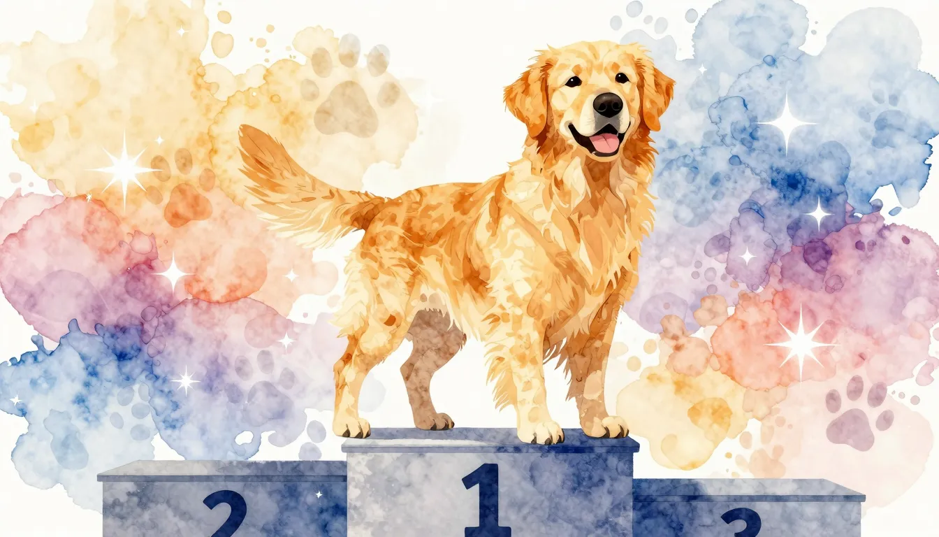 Watercolor style. A happy golden retriever silhouette standi...