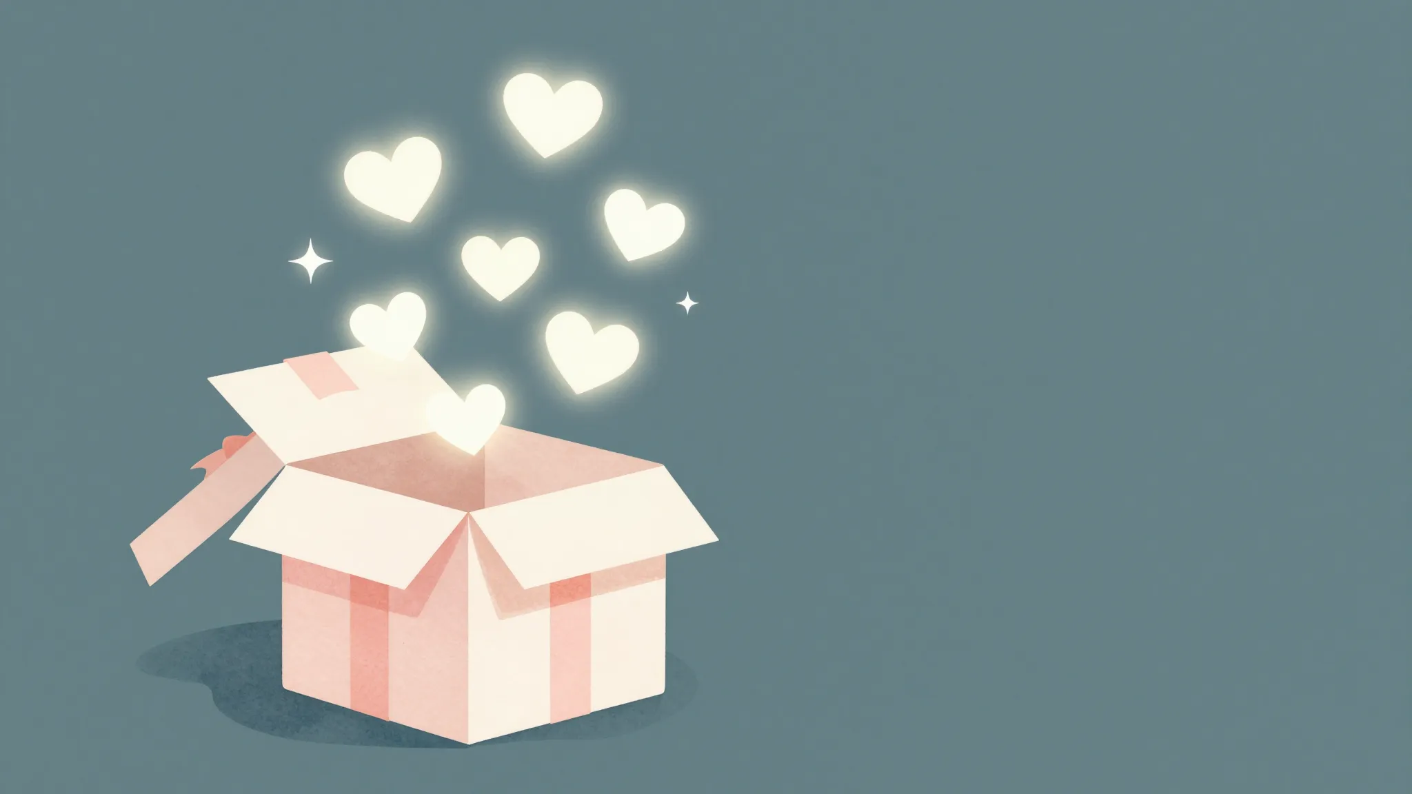 Watercolor style. A stylized open gift box with glowing hear...