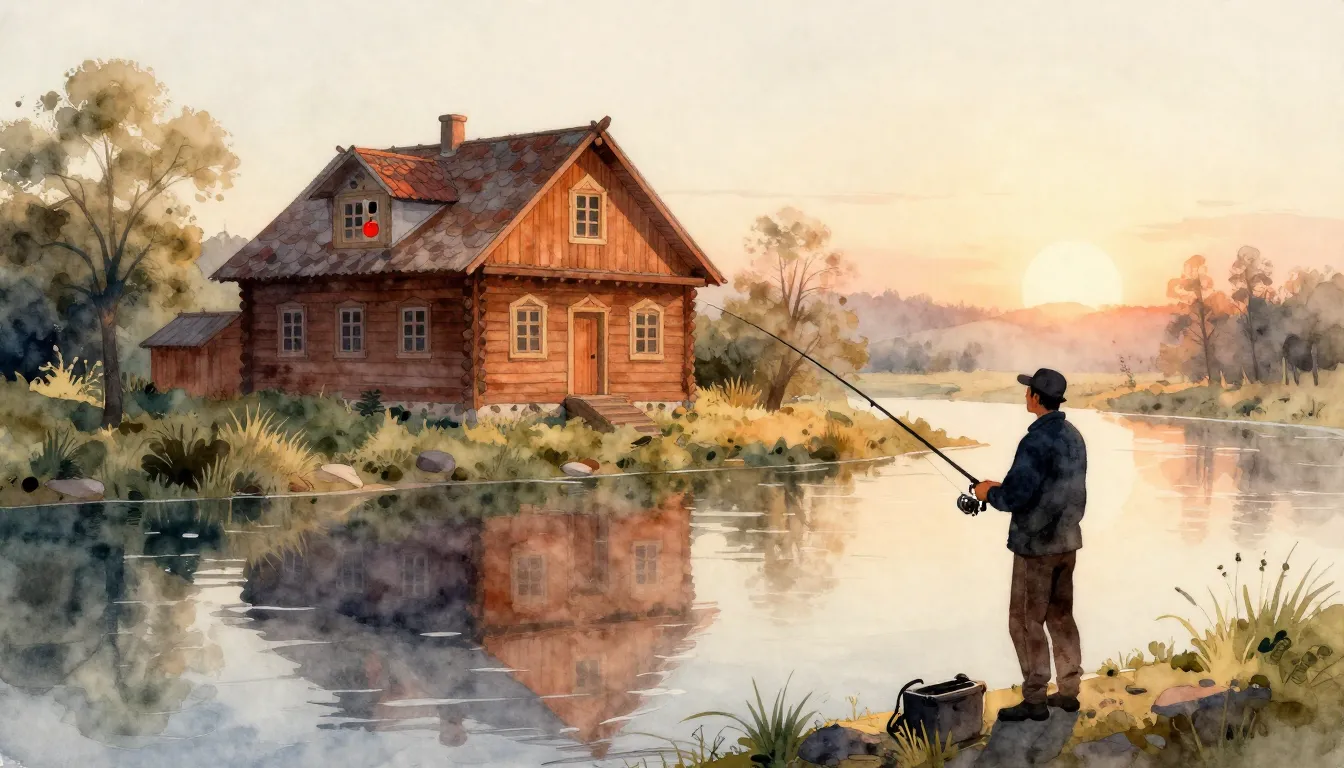 Watercolor style. A silhouette of a man fishing by a calm ri...