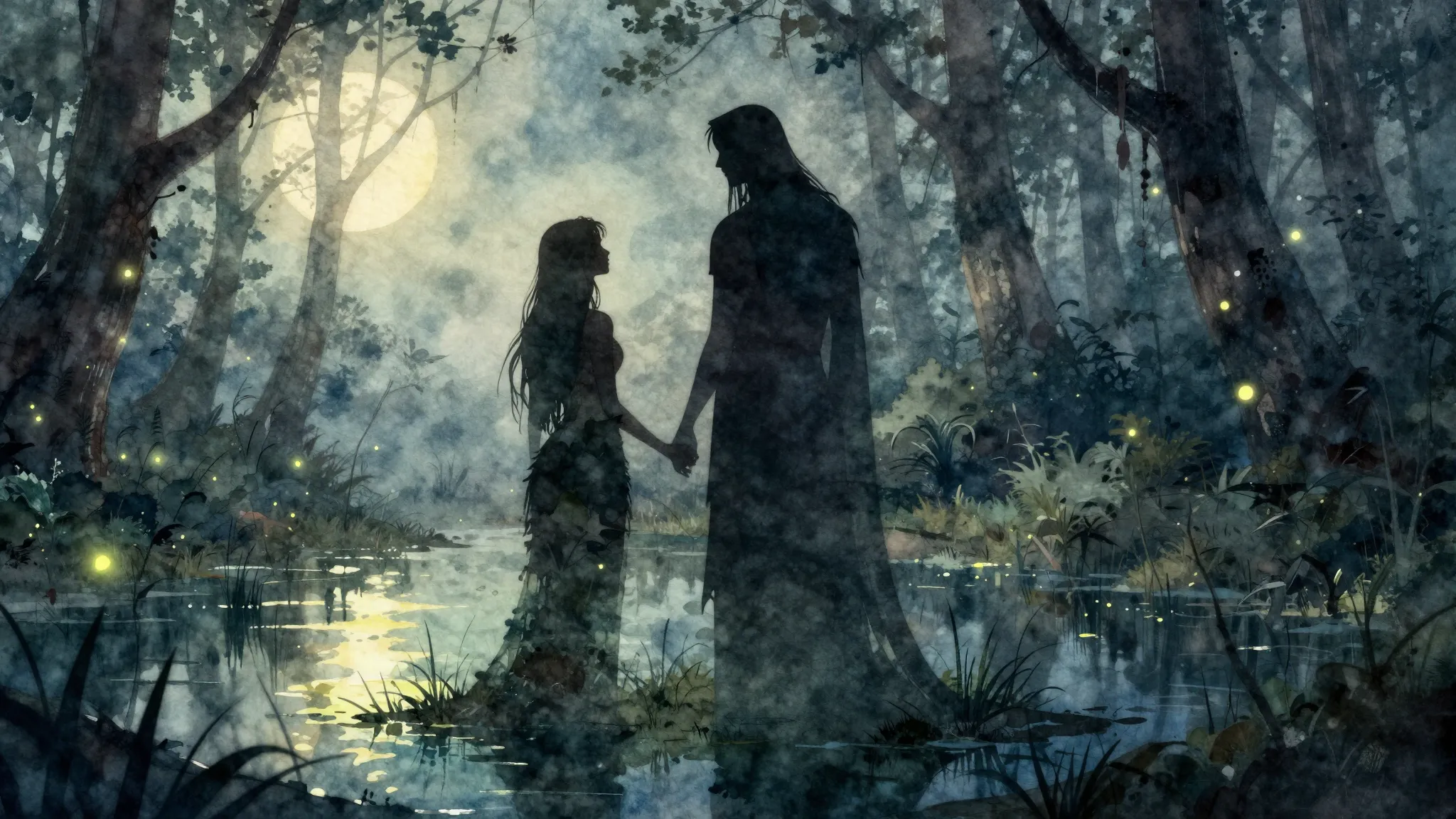 Watercolor style. Silhouettes of a swamp maiden and a tall f...