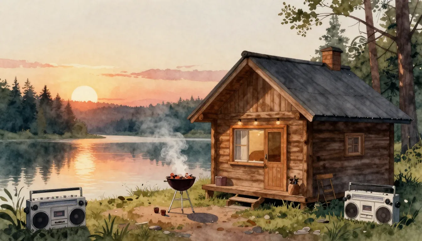 Watercolor style. A cozy wooden cabin by a forest lake at su...
