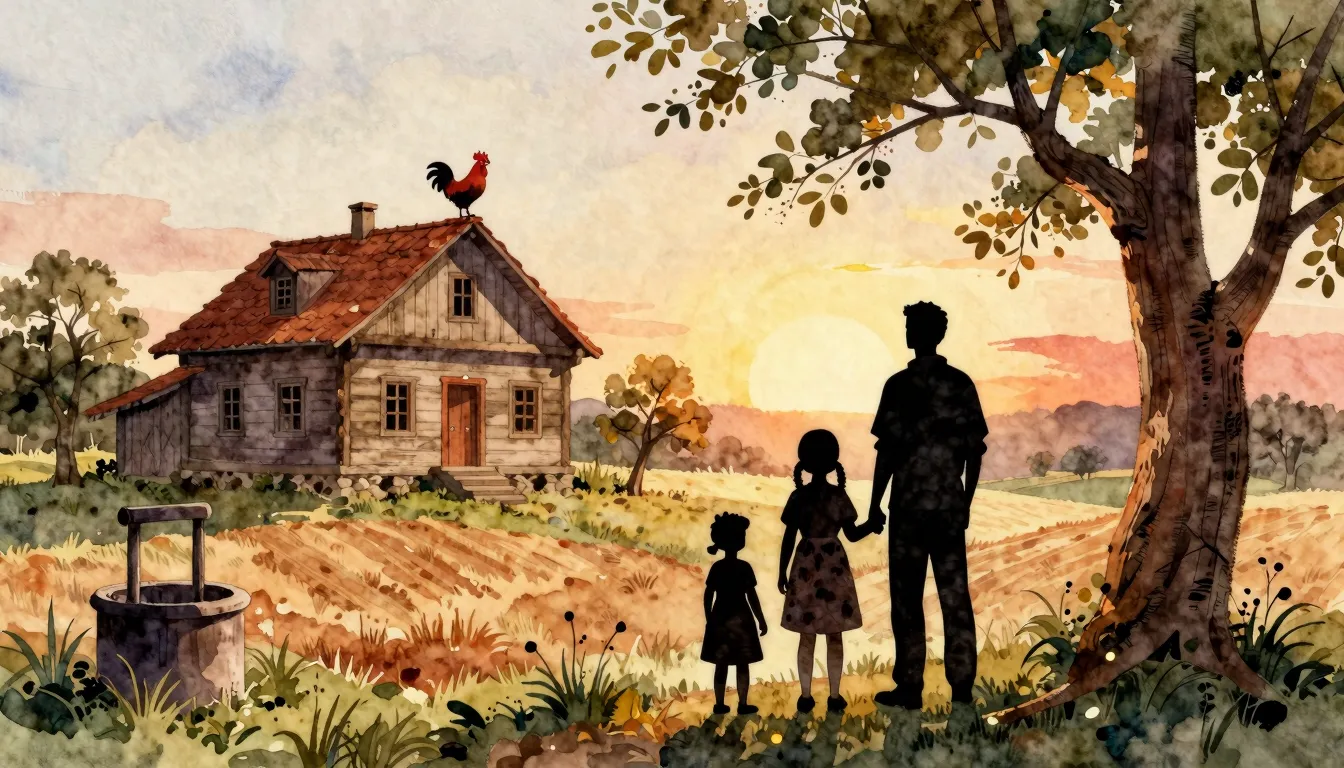 Watercolor style. A silhouette of a family standing on a hil...