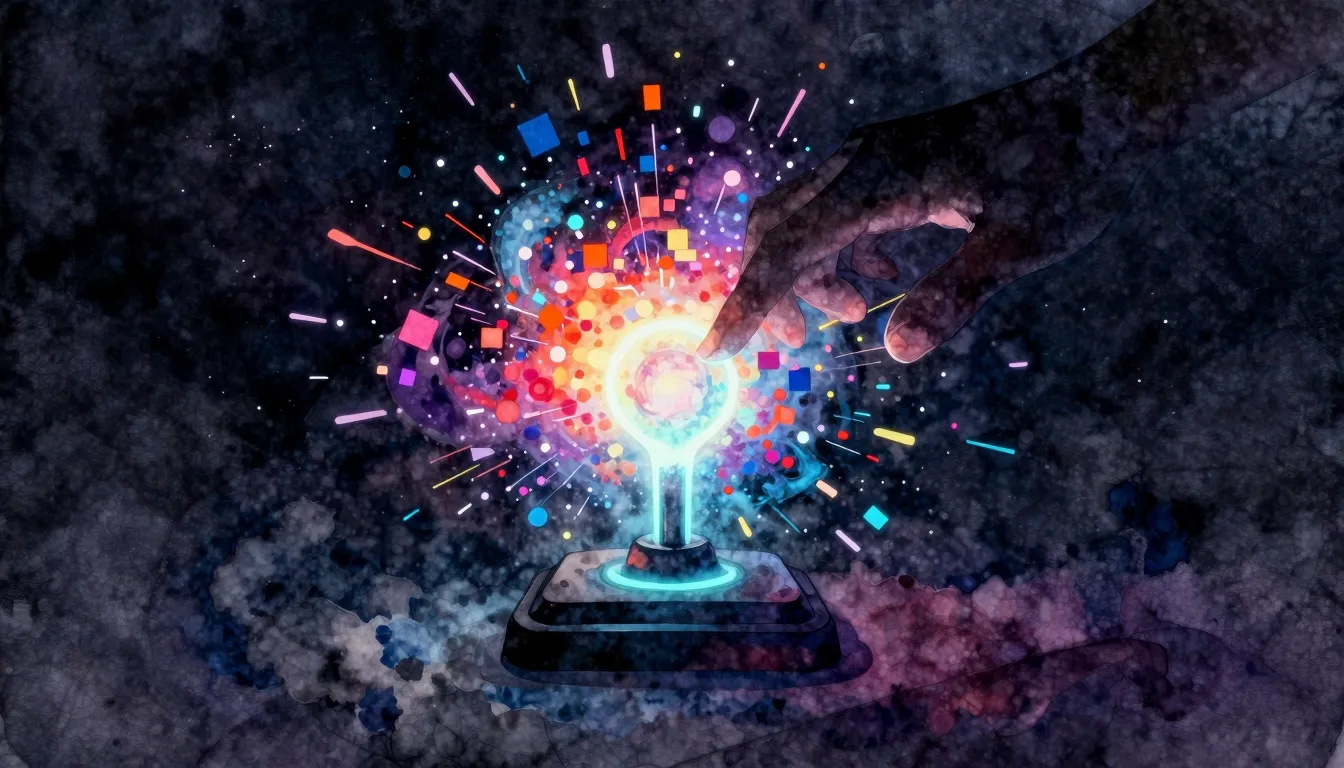 Watercolor style. A glowing digital lever in the center of a...