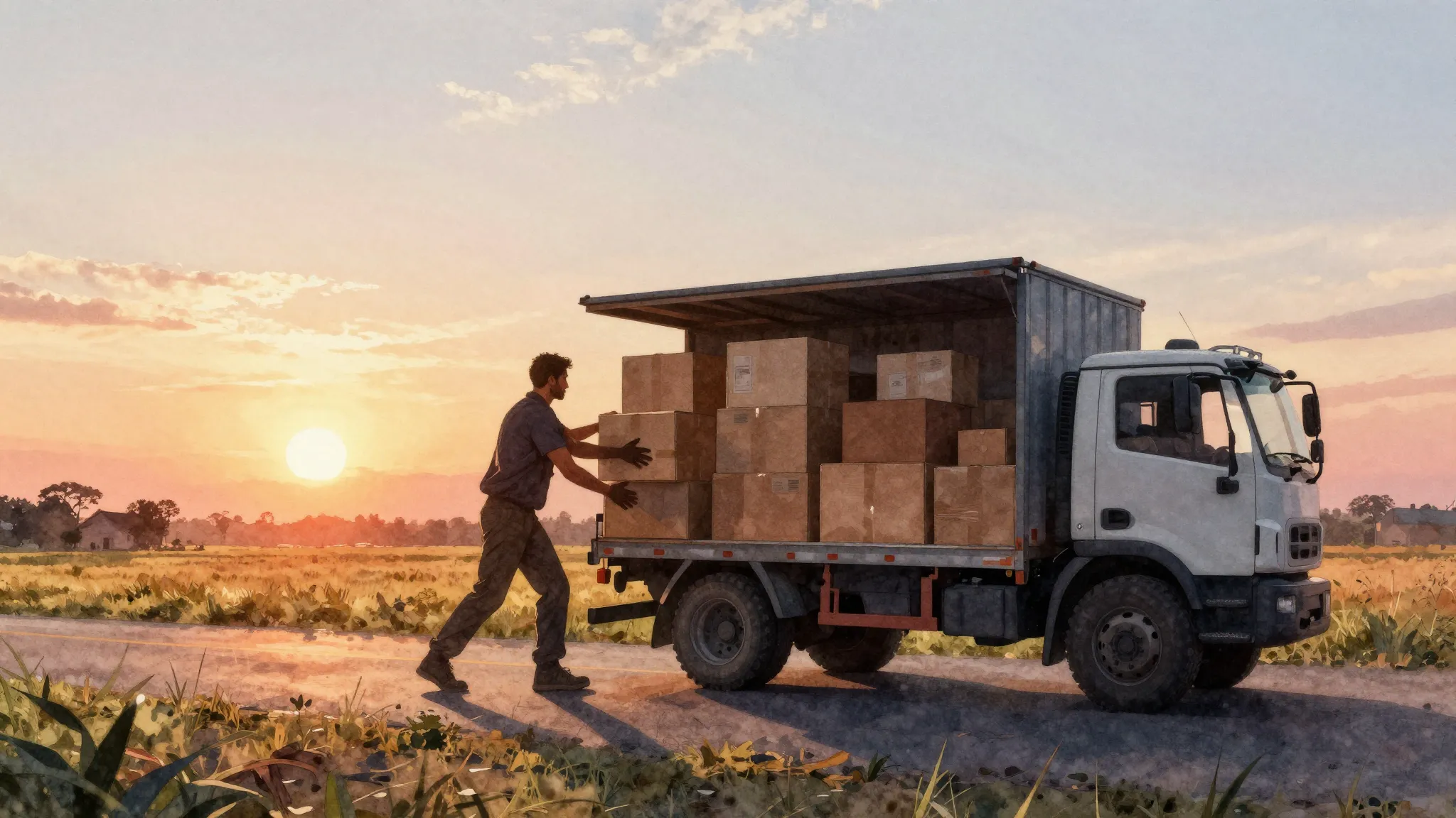 Watercolor style. Silhouette of a strong man loading boxes i...