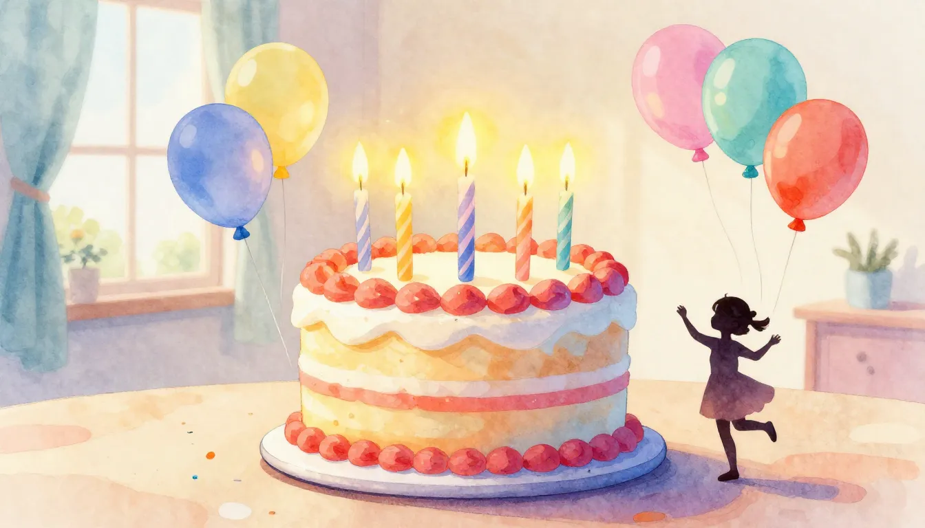 Watercolor style. A bright festive cake with glowing candles...