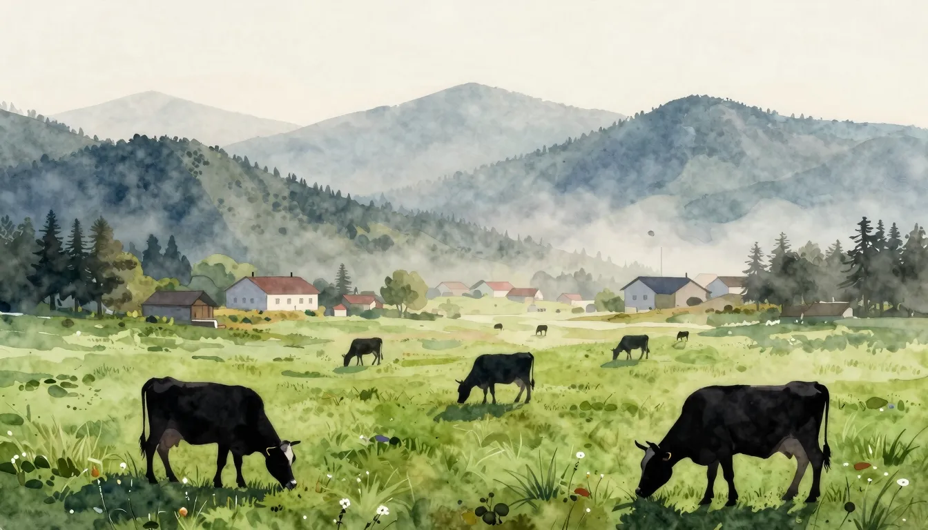Watercolor style. A peaceful mountain village landscape at s...