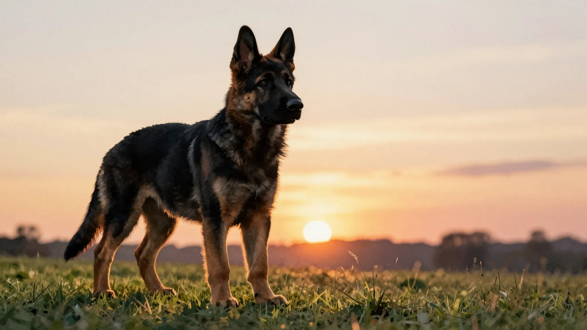 Watercolor style. Silhouette of a powerful young German Shep...