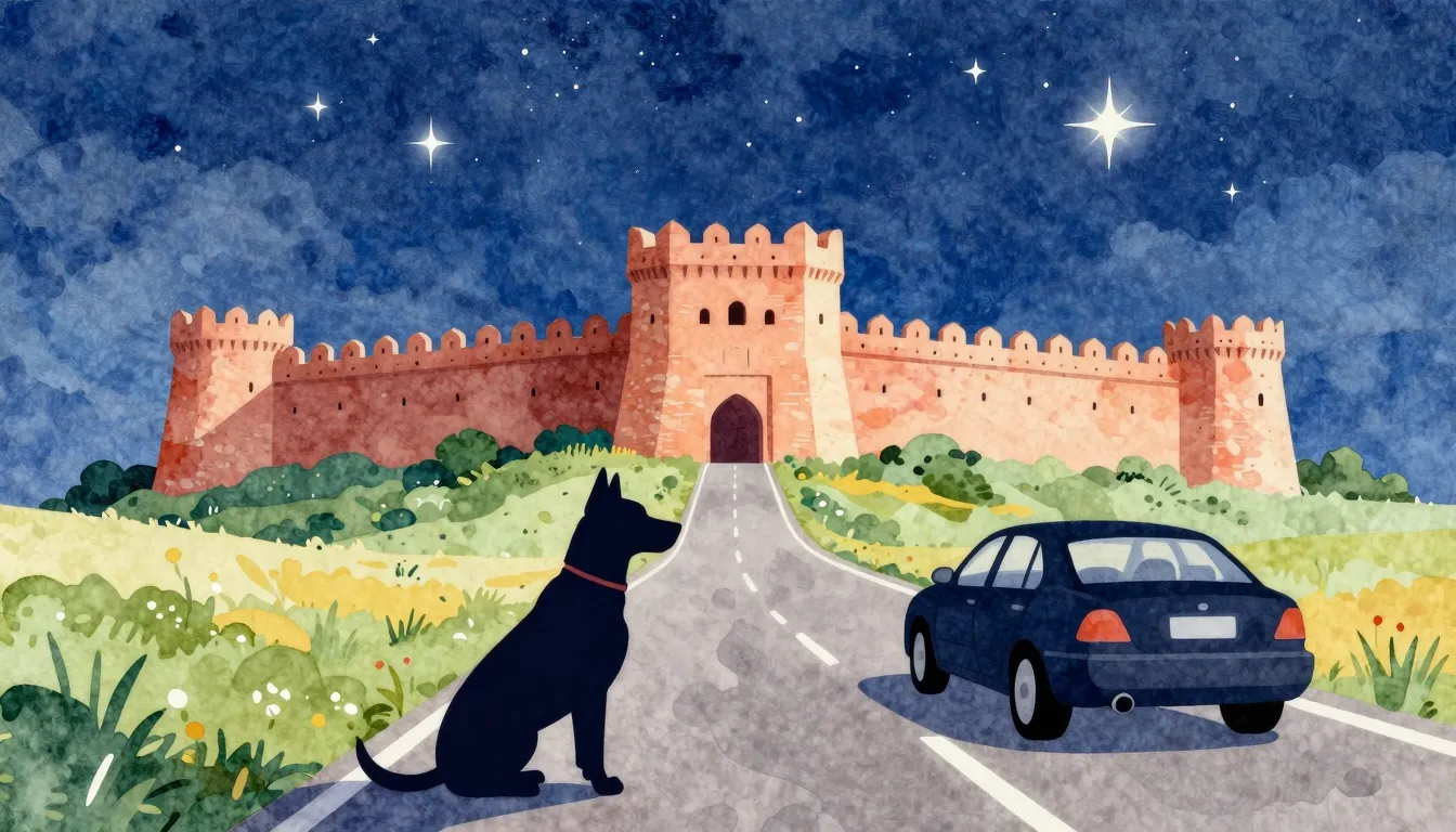 Watercolor style. Silhouette of a graceful dog and a car on ...