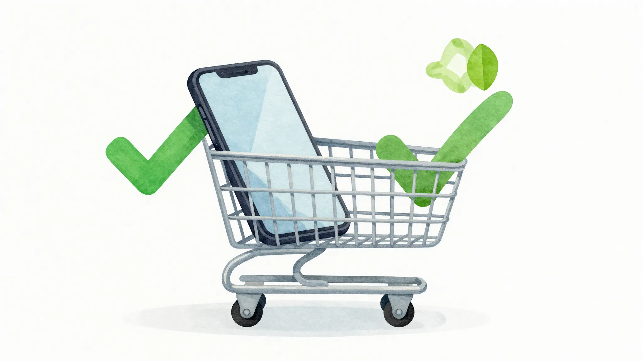 Watercolor style. A shopping cart with a sleek smartphone in...