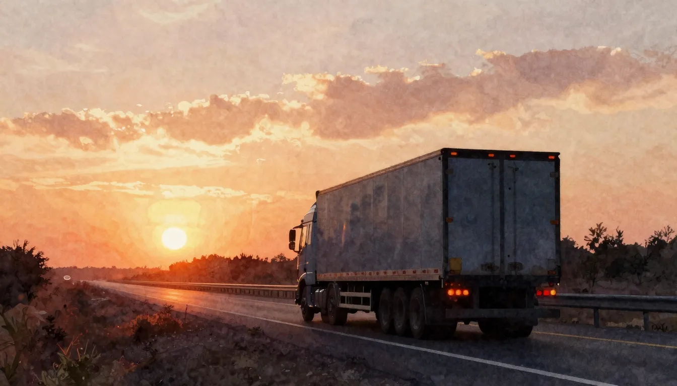 Watercolor style. Silhouette of a large truck driving on a l...