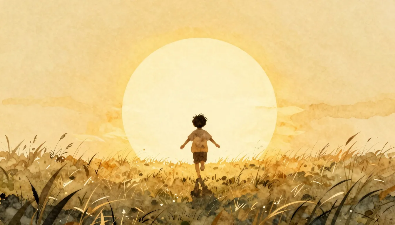Watercolor style. Silhouette of a small child running throug...
