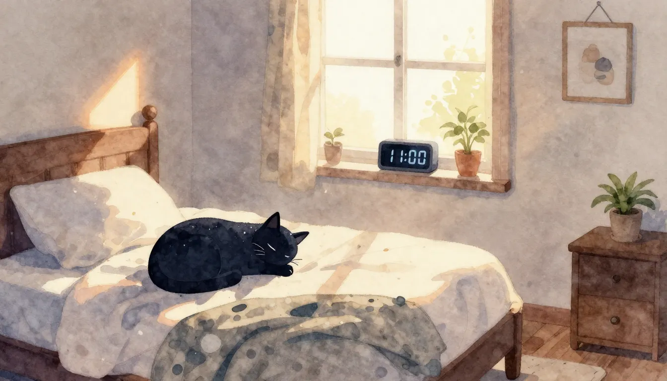 Watercolor style. Cozy bedroom interior, warm sunlight throu...