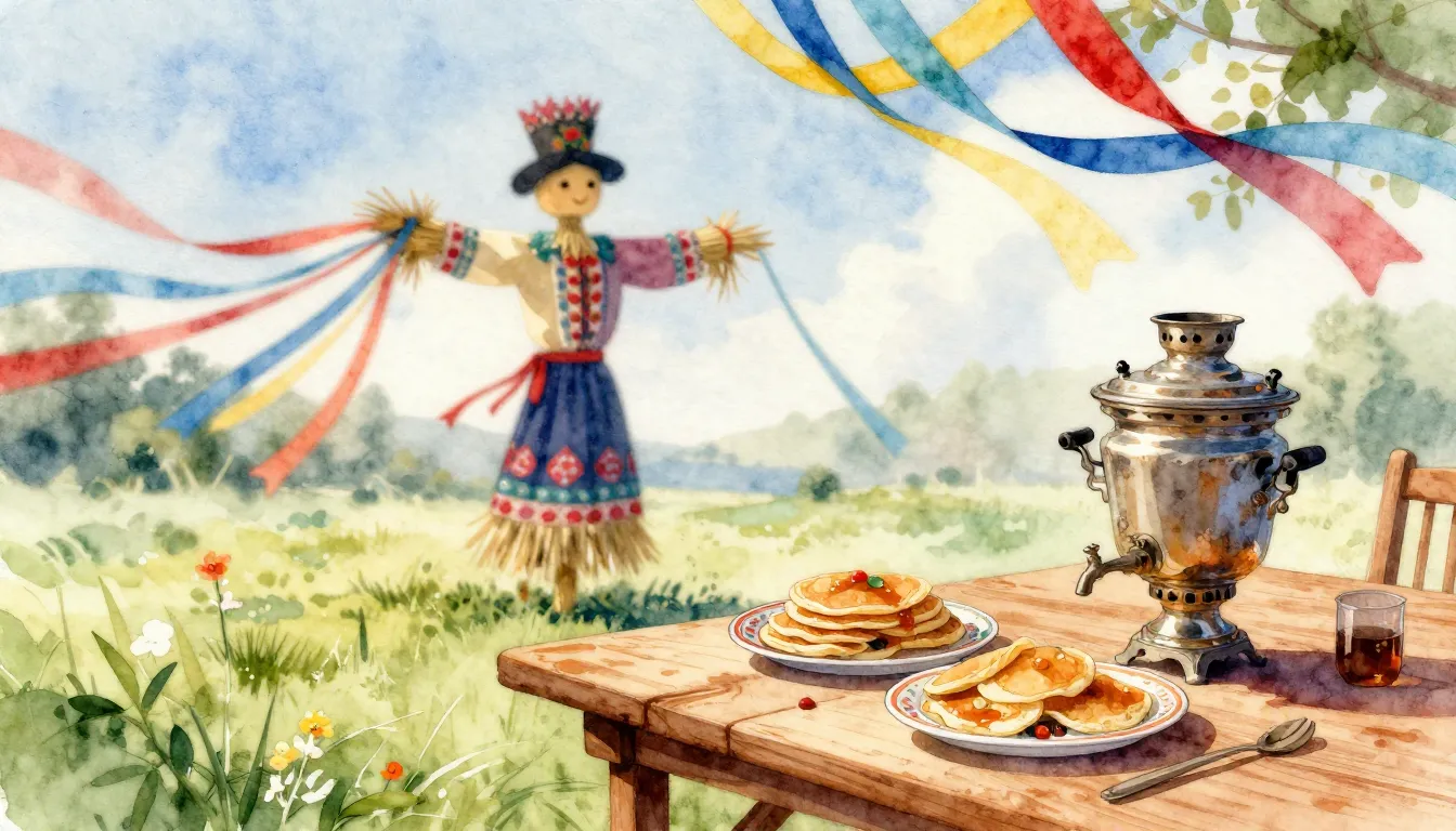 Watercolor style. A festive outdoor scene with a blurred sil...