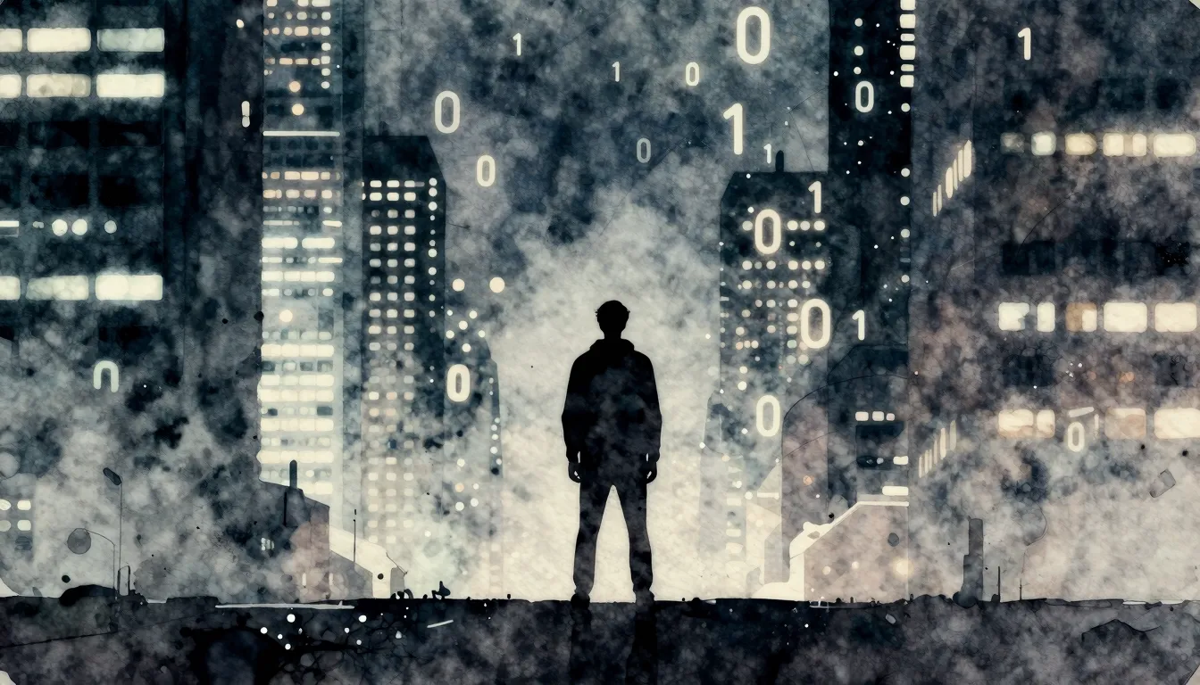 Watercolor style. Dark silhouette of a lonely figure standin...
