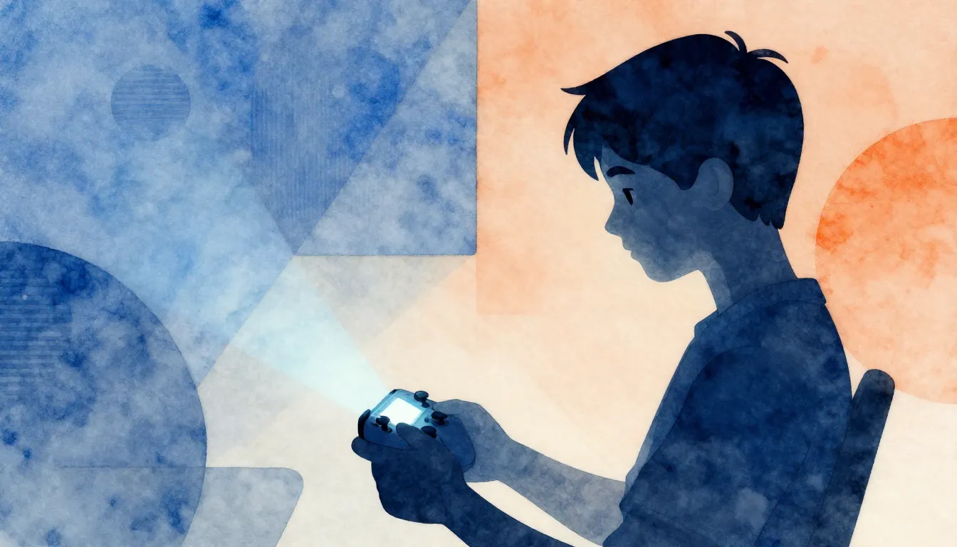 Watercolor style. Silhouette of a teenage boy with a gaming ...