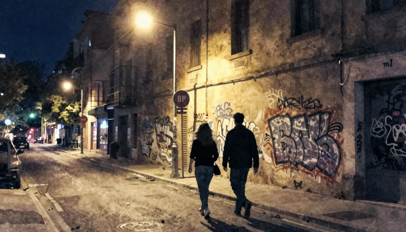 Watercolor style. Urban street at night, two silhouettes wal...