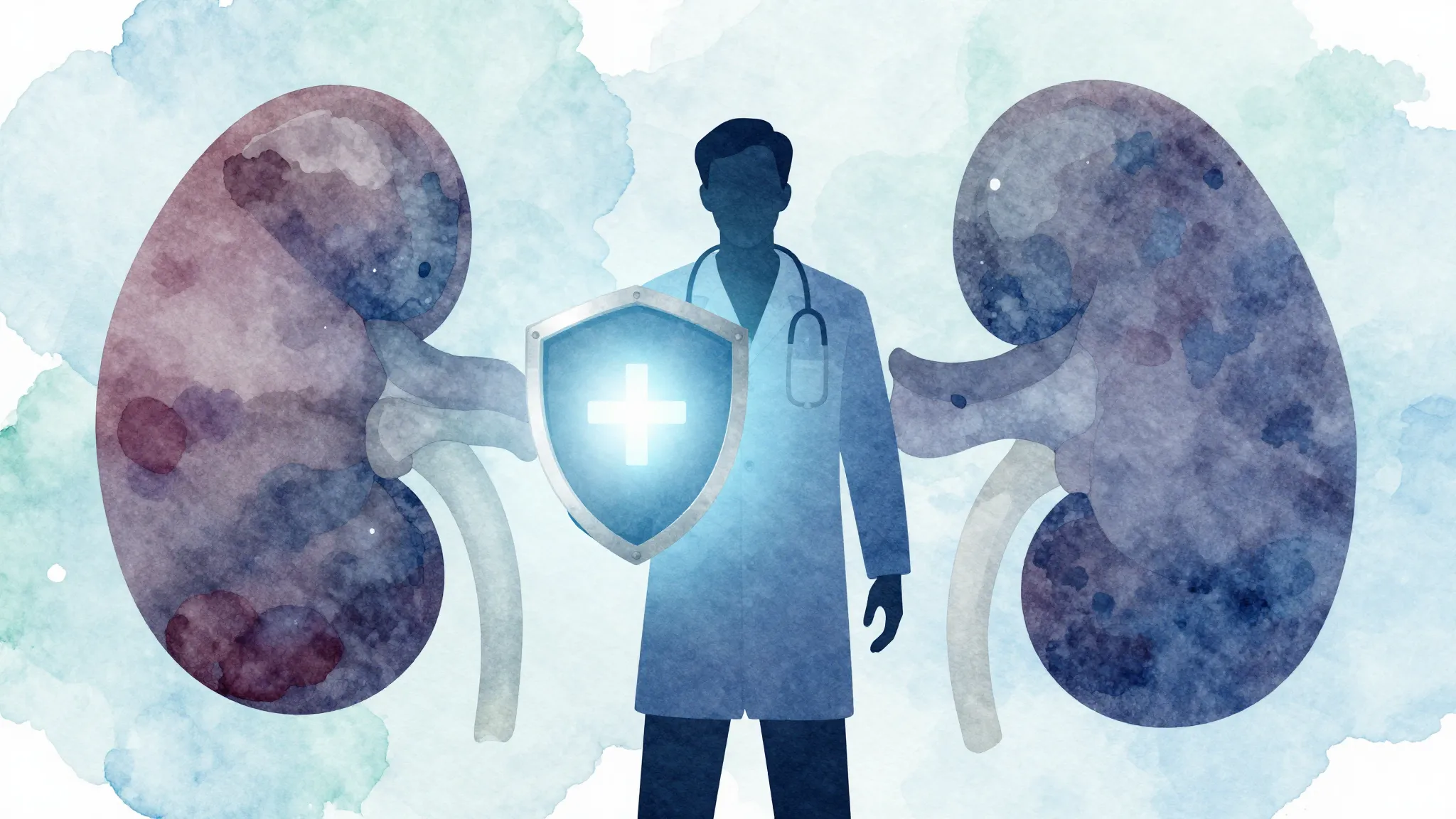 Watercolor style. A silhouette of a doctor holding a glowing...