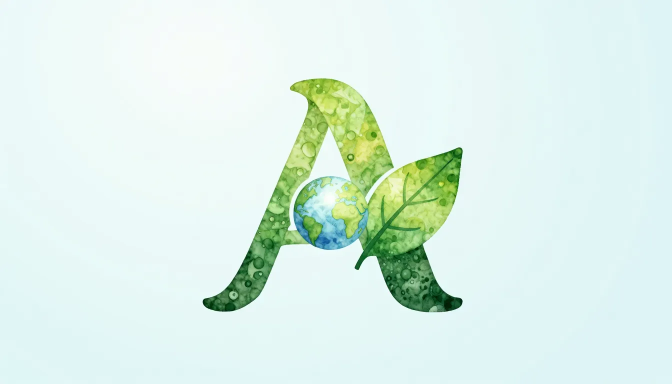 Watercolor style. A stylized, minimalist logo of a green lea...