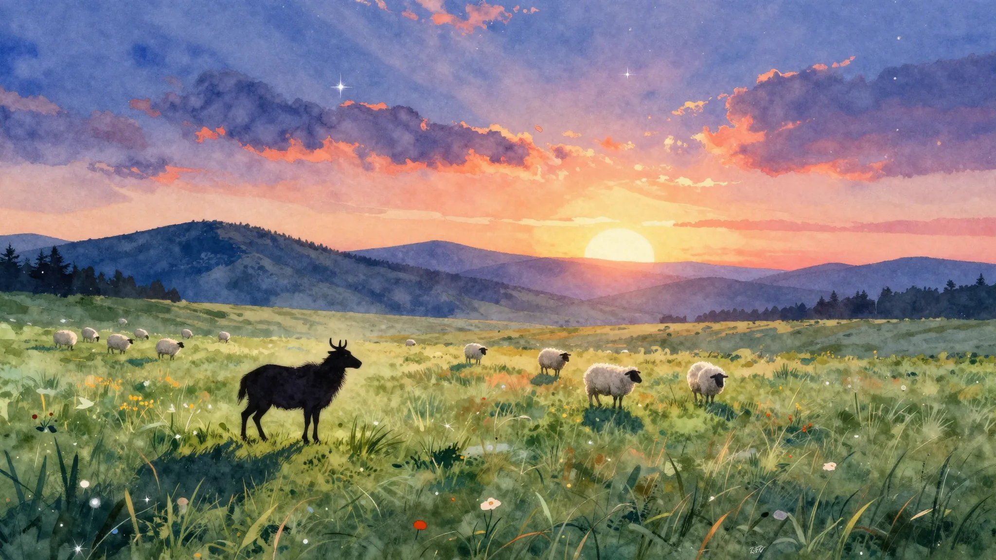 Vibrant watercolor style. Folk song cover: lonely shepherd s...