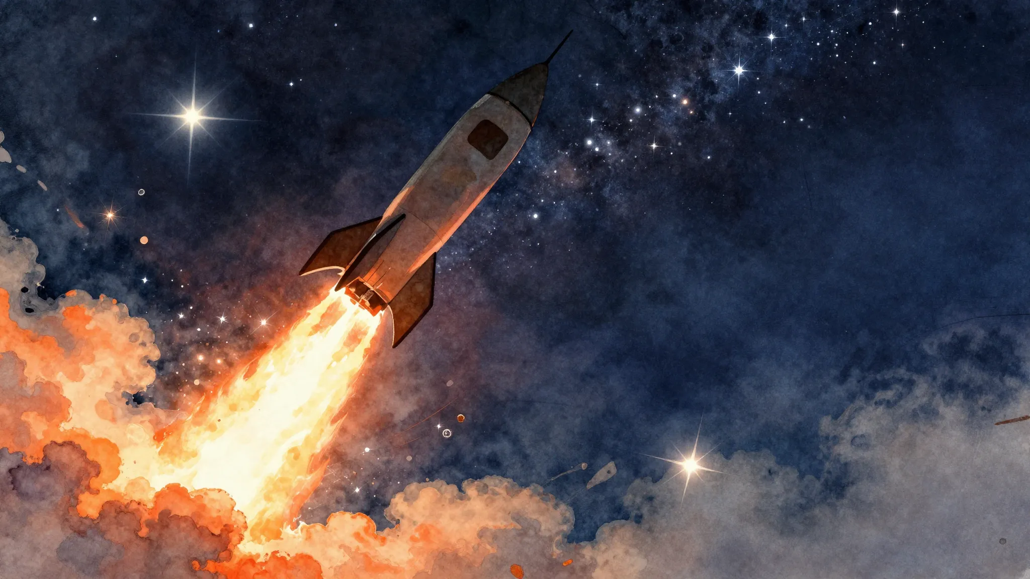 Watercolor style. A silhouette of a rocket launching into th...
