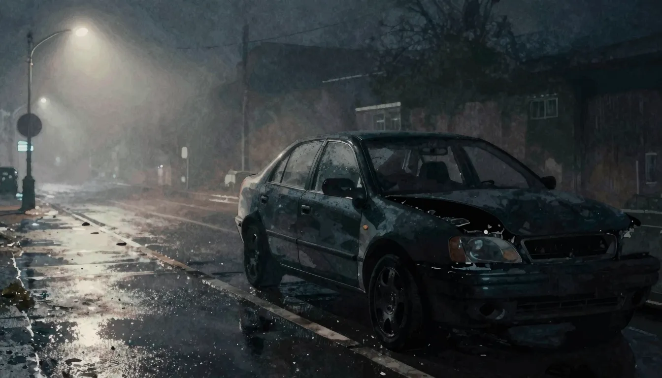 Watercolor style. Dark silhouette of a broken car in a foggy...