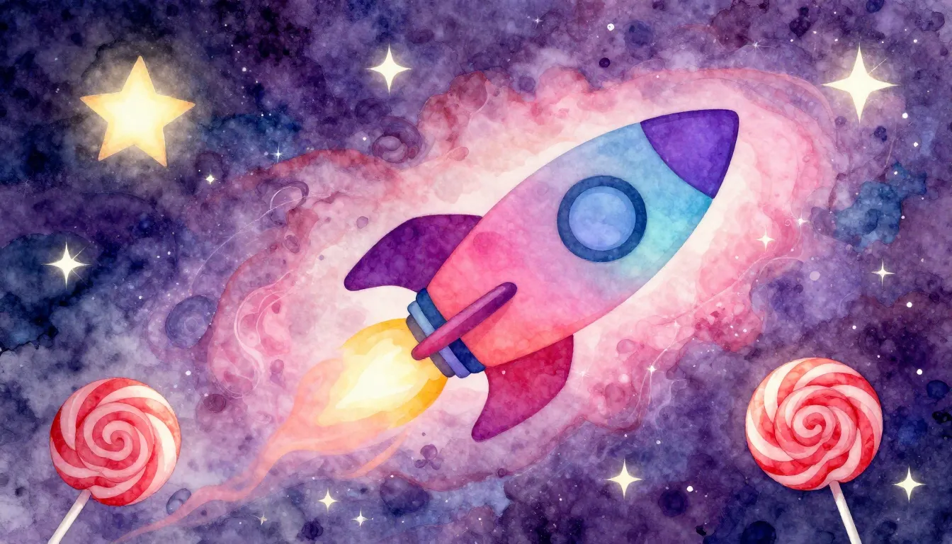 Watercolor style. A colorful rocket silhouette flying throug...