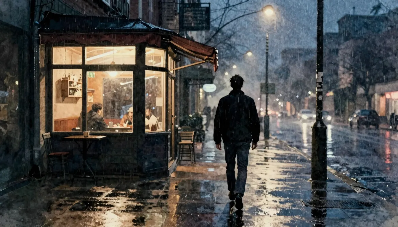 Watercolor style. A silhouette of a man walking away from a ...