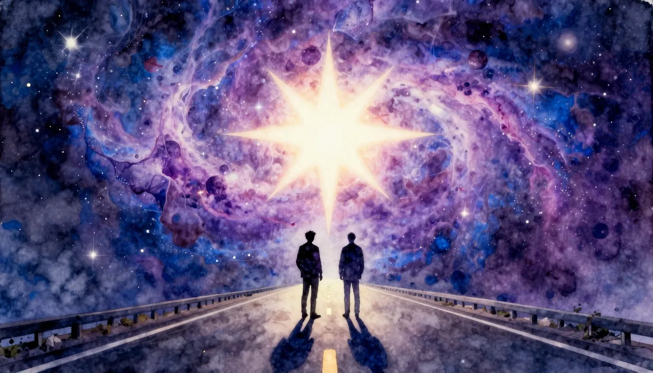 Watercolor style. Two silhouettes standing on a glowing cosm...