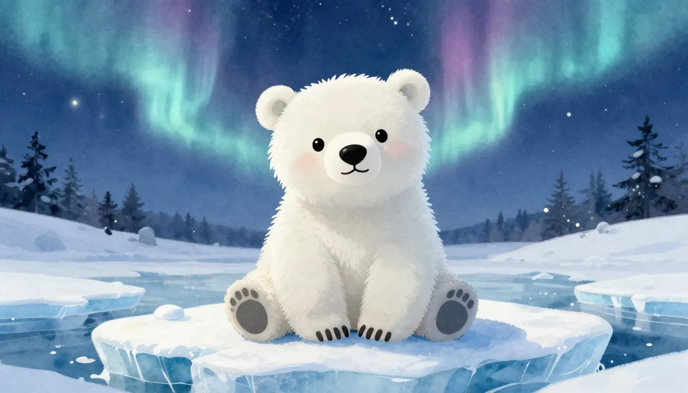 Watercolor style. A cute fluffy polar bear cub sitting on a ...