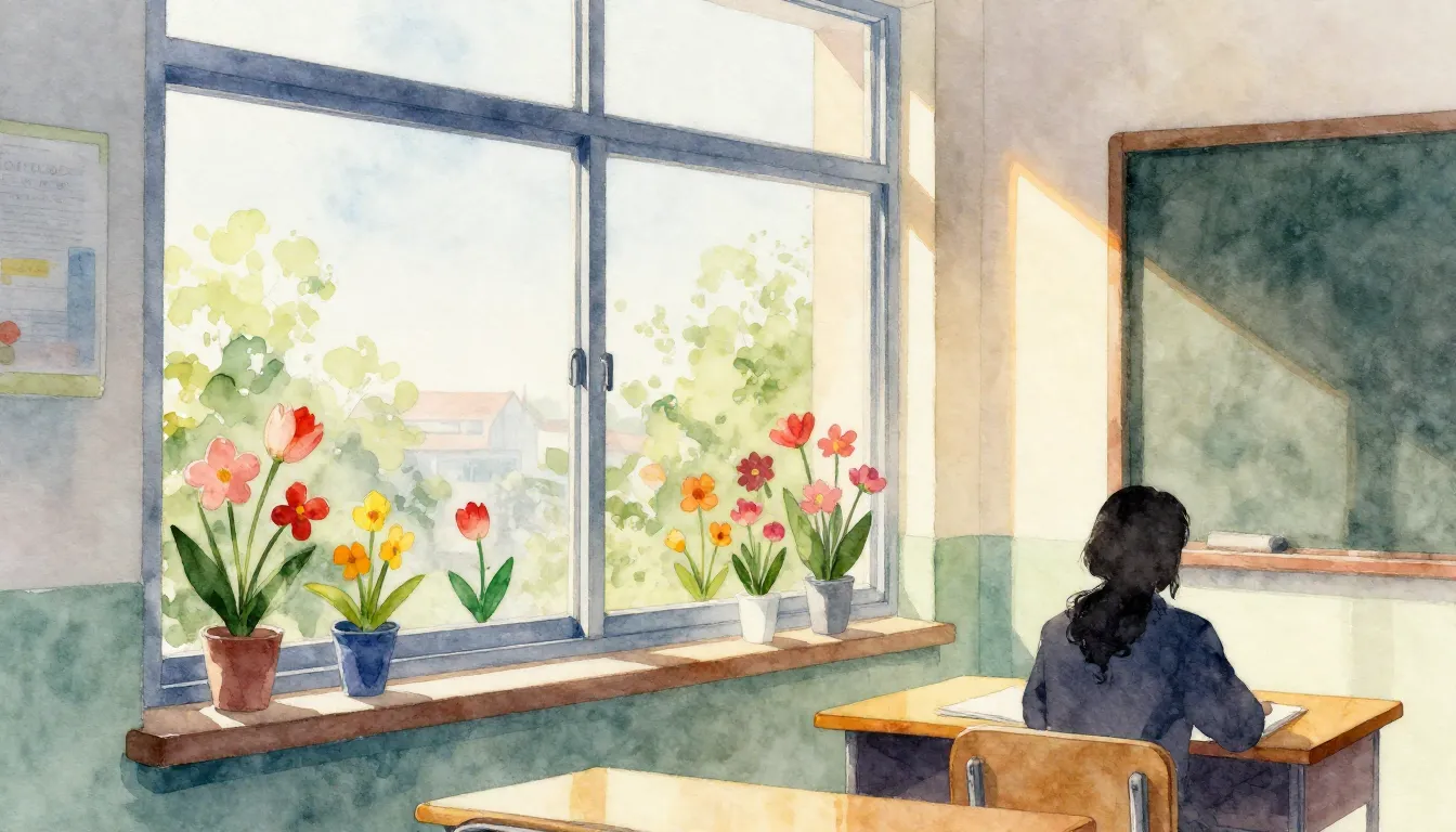 Watercolor style. A bright classroom window with spring flow...