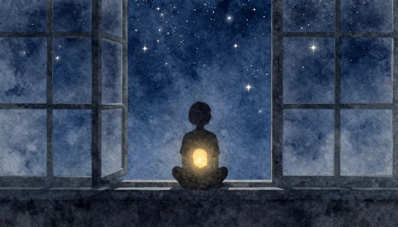 Watercolor style. Silhouette of a lonely figure by a window,...